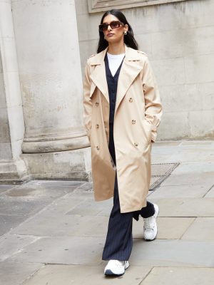Women’s Stone Double-Breasted Trench Coat – Classic Longline Outerwear