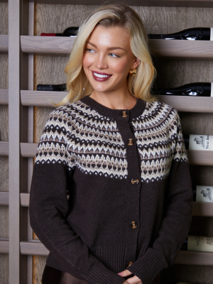 Women’s Cozy Chocolate Brown Fair Isle Knit Crew Neck Cardigan – Warm Patterned Sweater
