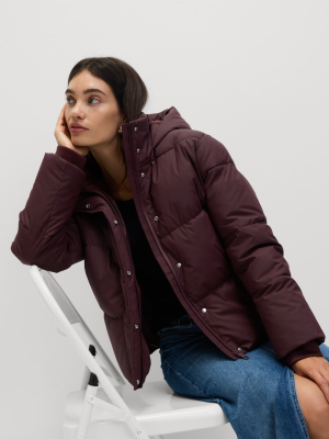 Lightweight Hooded Rubber Duvet Jacket with Funnel Neck