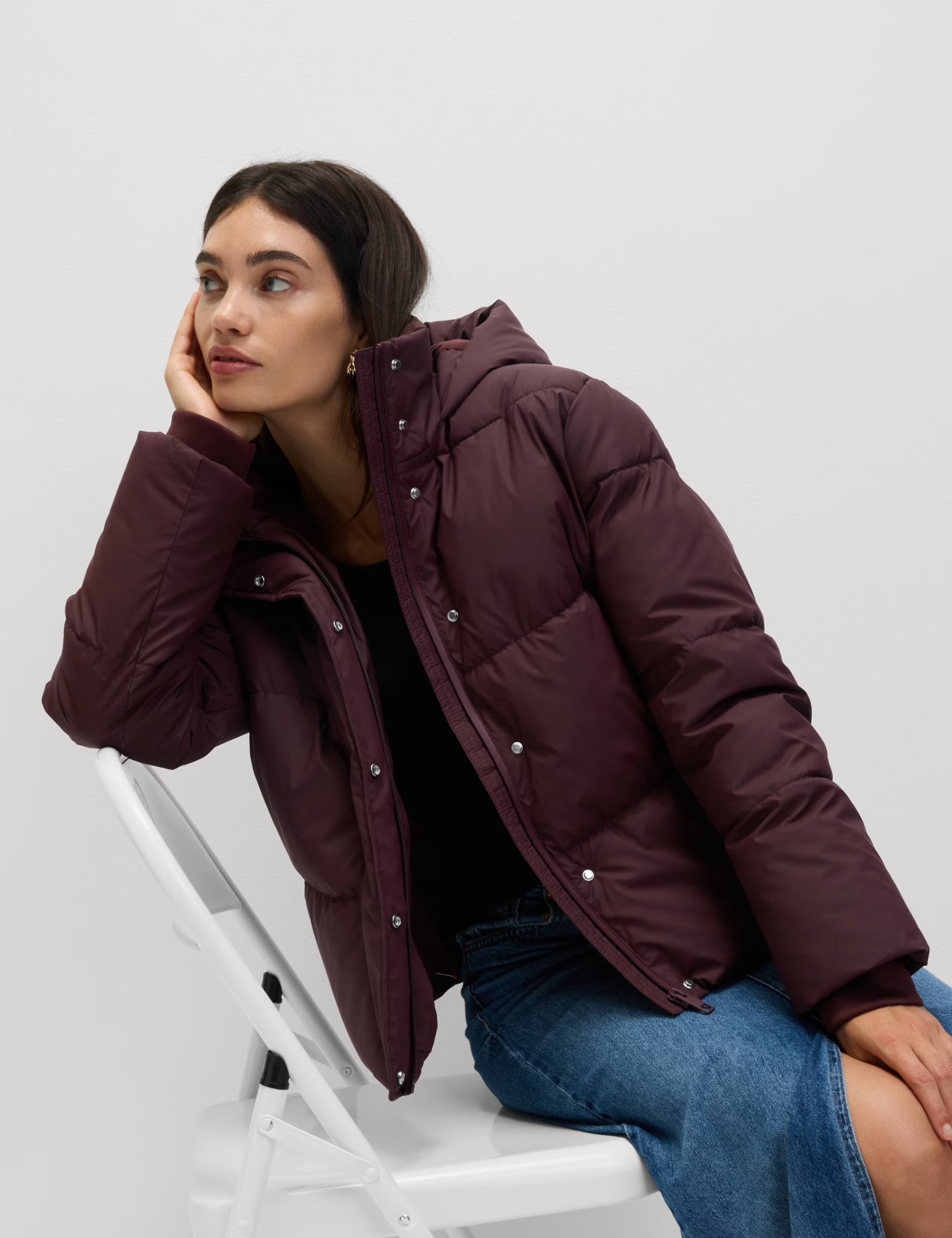 Lightweight Hooded Rubber Duvet Jacket with Funnel Neck
