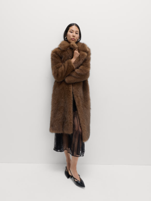 Women’s Chocolate Brown Faux Fur Longline Coat – Single-Breasted Winter Overcoat