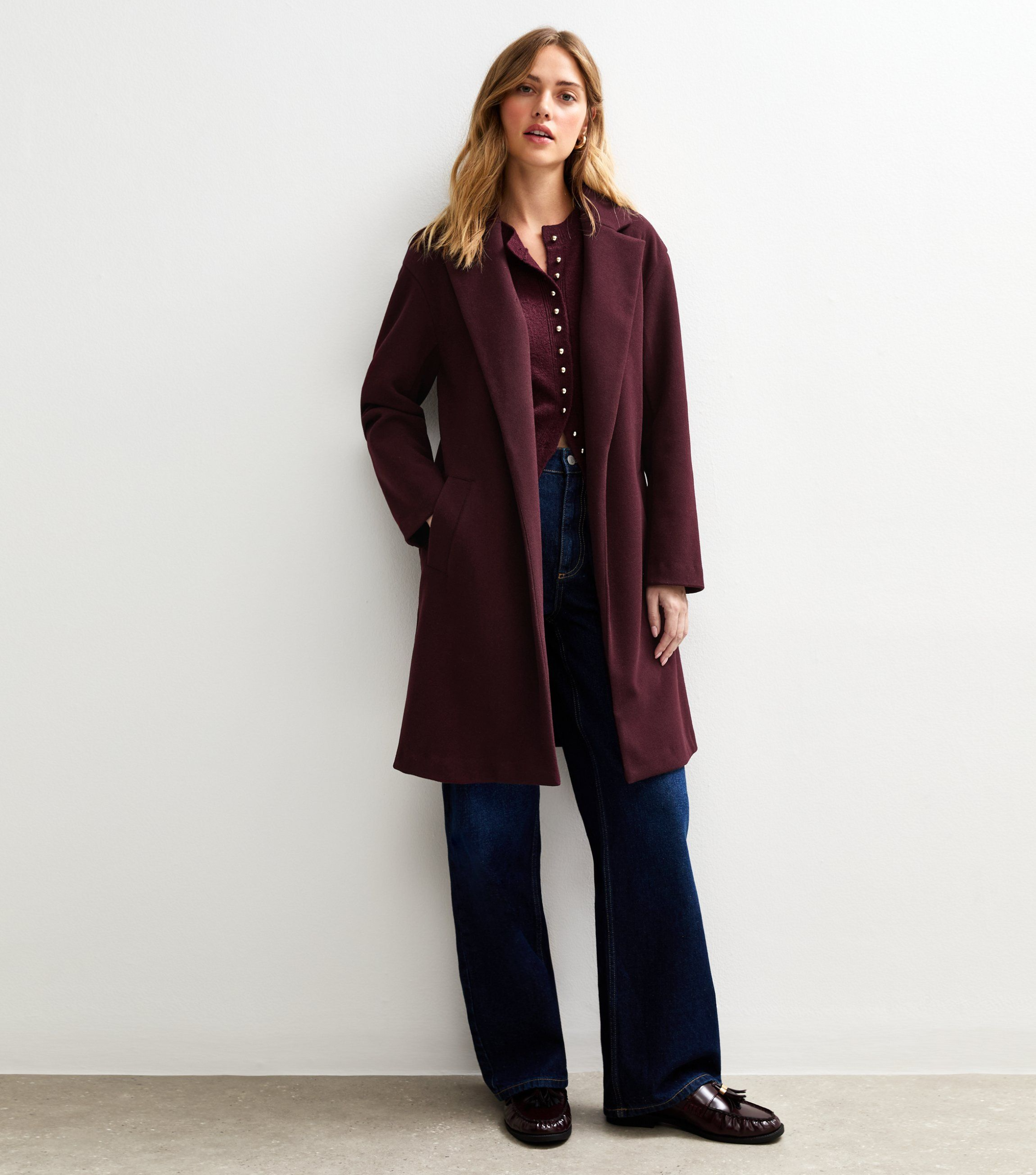 Women’s Dark Burgundy Tailored Coat – Elegant Unlined Lightweight Long Overcoat