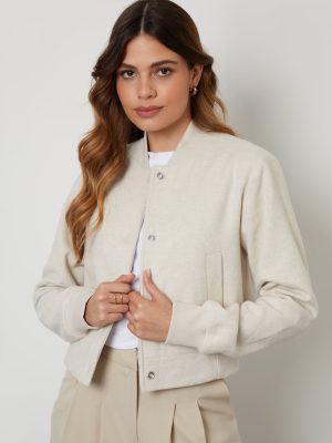 Women’s Ecru Brushed Cropped Bomber Jacket – Soft Lightweight Outerwear