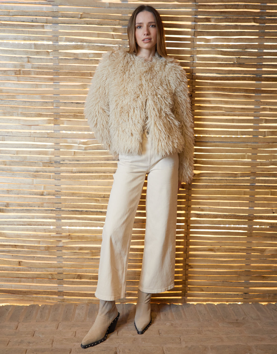 Women’s Stone Mongolian Faux Fur Coat – Luxe Soft Longline Outerwear - Image 3