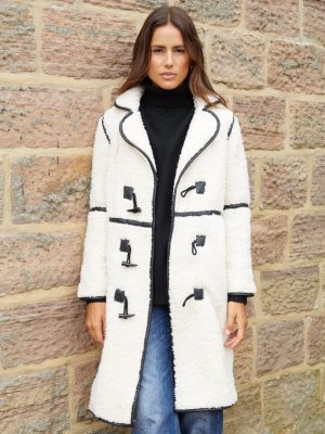 Women’s Ecru Longline Fleece Borg Toggle Coat – Cozy Warm Outerwear