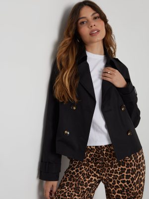 Women’s Black Double-Breasted Cropped Trench Coat – Chic Short Outerwear