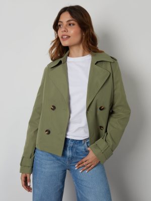 Women’s Khaki Double-Breasted Cropped Trench Coat – Chic Short Outerwear