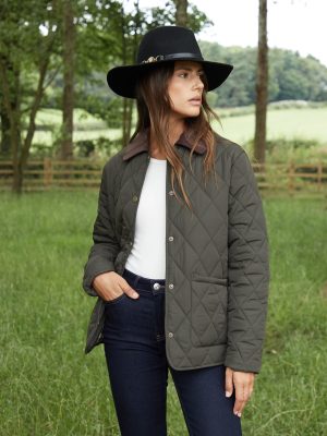 Women’s Khaki Cord Collar Diamond Quilted Heritage Jacket – Classic Longline Outerwear
