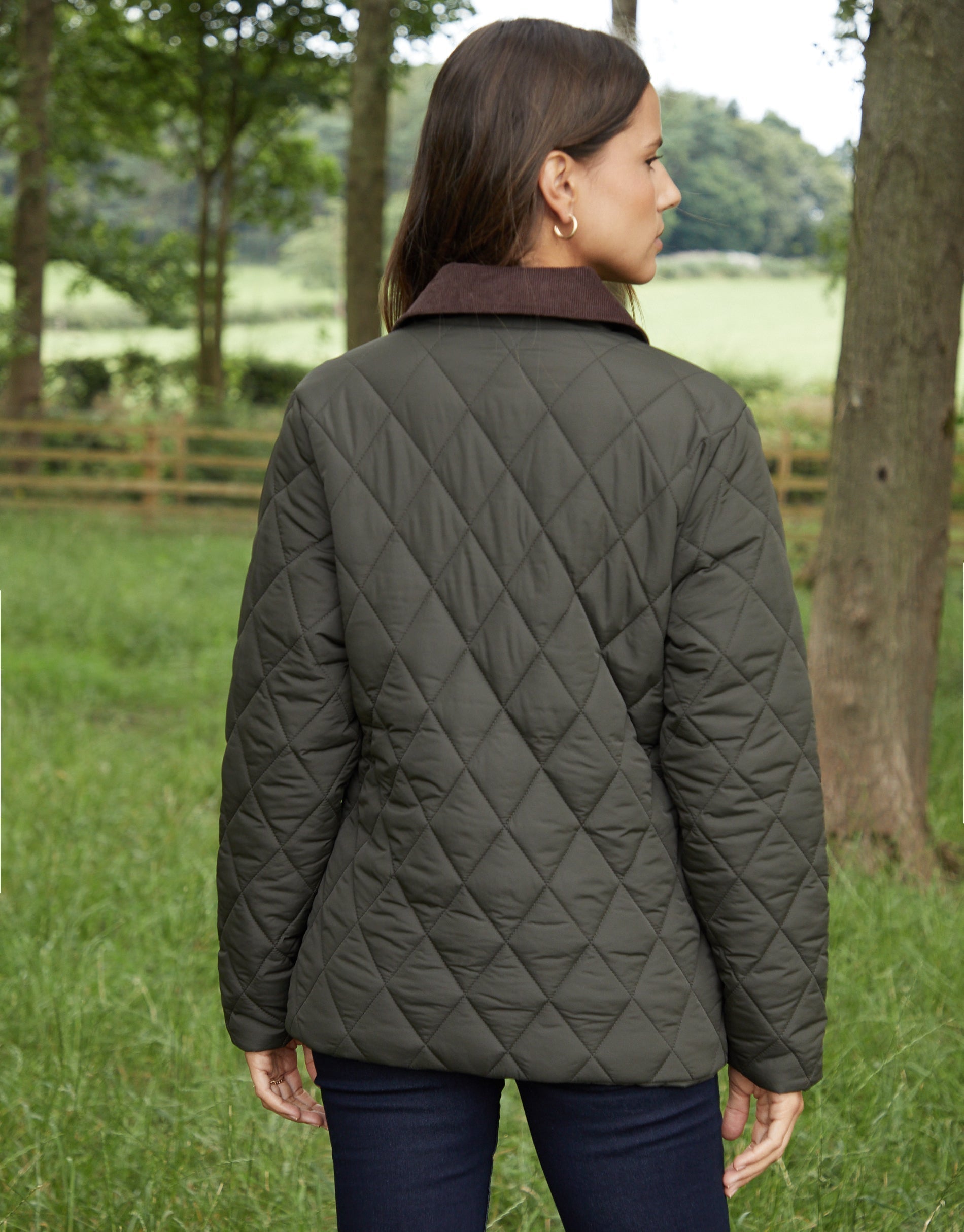 Women’s Khaki Cord Collar Diamond Quilted Heritage Jacket – Classic Longline Outerwear - Image 2