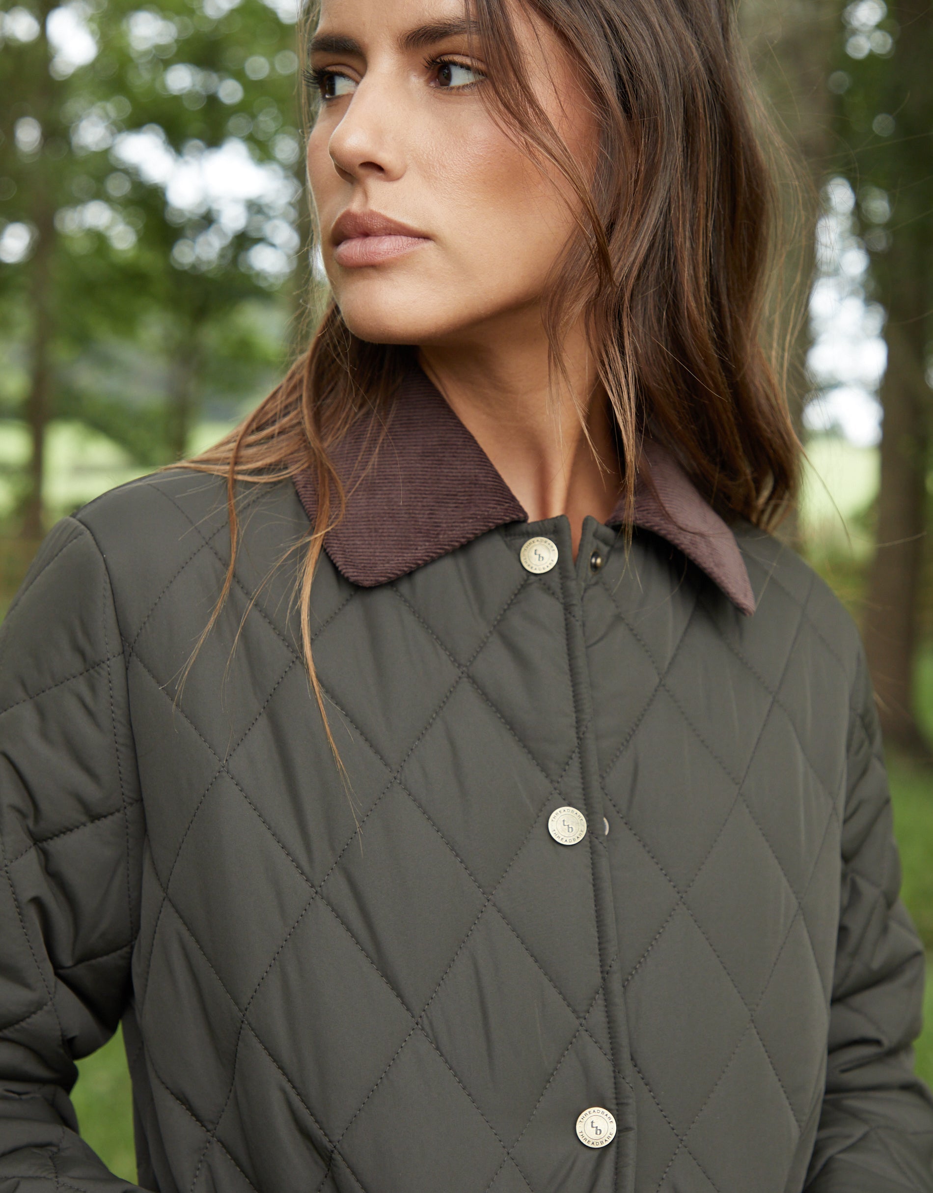 Women’s Khaki Cord Collar Diamond Quilted Heritage Jacket – Classic Longline Outerwear - Image 5