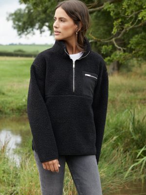 Women’s Black Half-Zip Borg Fleece – Cozy Warm Pullover Jacket