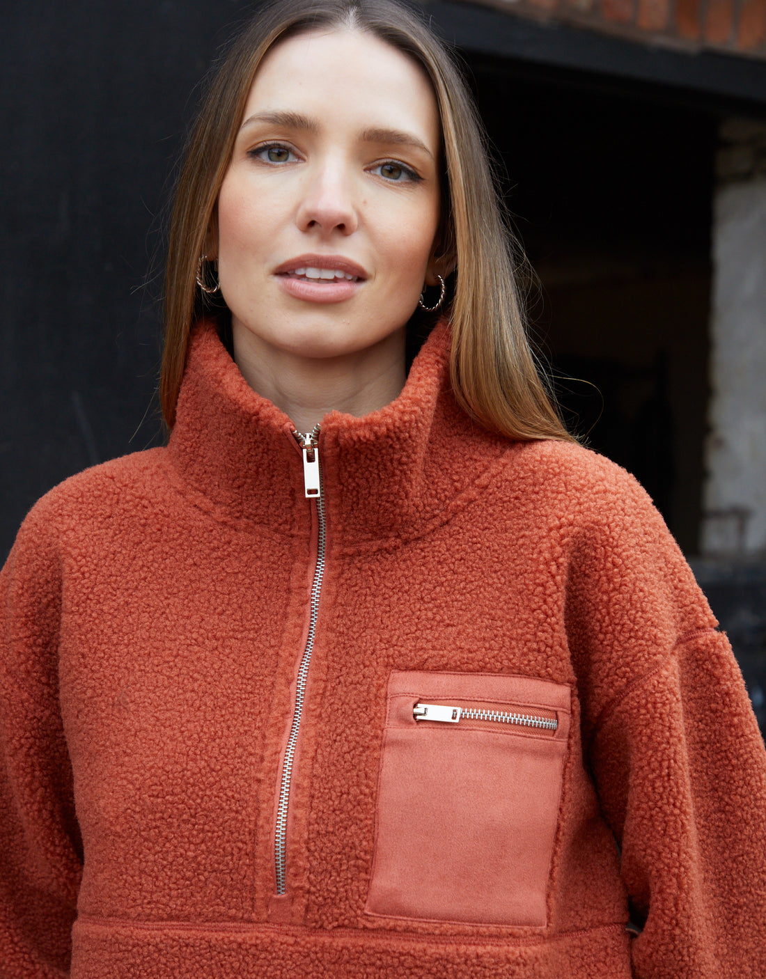 Women’s Rust Half-Zip Borg Fleece – Cozy Warm Pullover Jacket - Image 2
