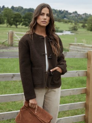 Women’s Chocolate Fleece Borg Toggle Jacket – Cozy Warm Outerwear