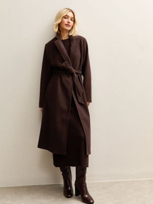 Women’s Dark Brown Unlined Longline Belted Coat – Elegant Lightweight Wrap Overcoat