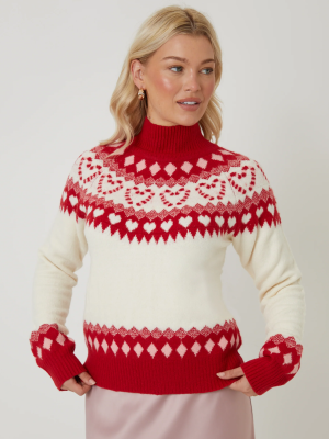 Women’s Ecru Love Heart Fair Isle Knitted Jumper – Cozy Patterned Sweater