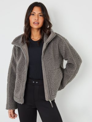 Women’s Grey Funnel Neck Zip-Up Borg Fleece – Cozy Warm Outerwear