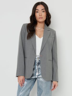 Women’s Grey Pinstripe Lined Blazer – Tailored Professional Jacket