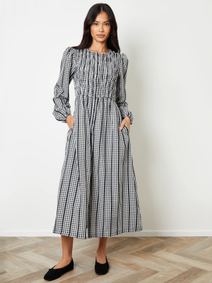 Women’s Mono Gingham Check Shirred Midi Dress – Elegant Smocked Waist Dress