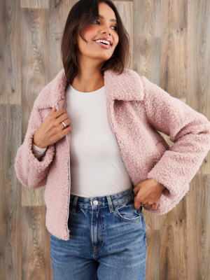 Women’s Pink Collared Borg Bomber Jacket – Zip-Up Fleece Outerwear