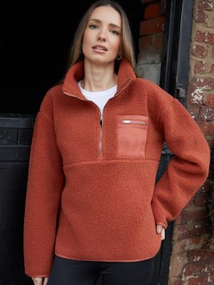 Women’s Rust Half-Zip Borg Fleece – Cozy Warm Pullover Jacket
