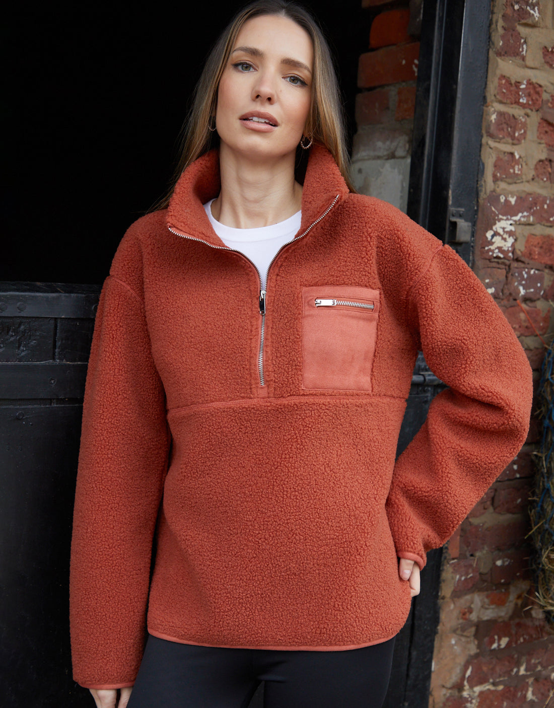 Women’s Rust Half-Zip Borg Fleece – Cozy Warm Pullover Jacket